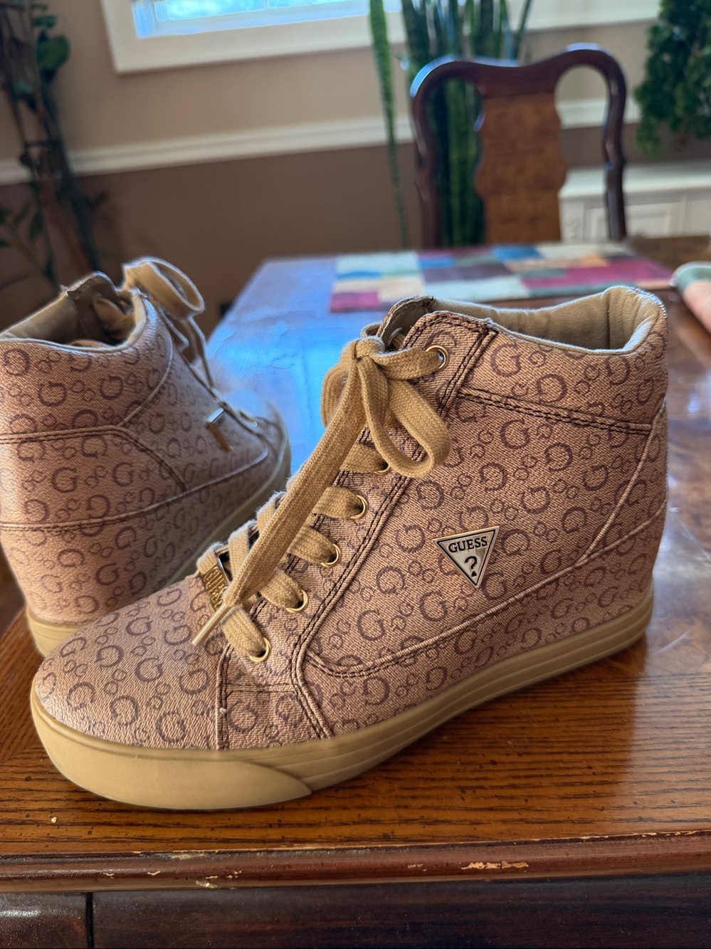 Guess Tan Monogram Wedge High-Top Sneakers